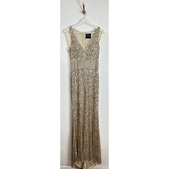 MAC DUGGAL Sequined Sleeveless V Neck Column Gown in Nude Gold Size US 2 - Picture 5 of 16